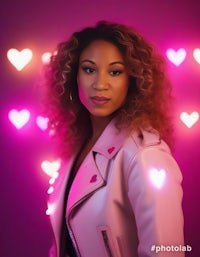 a woman in a pink jacket posing in front of hearts